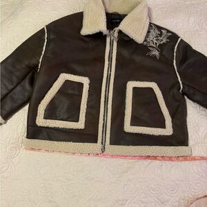 DRIFTWOOD Brown/Cream faux leather/shearling floral embroidered size large coat